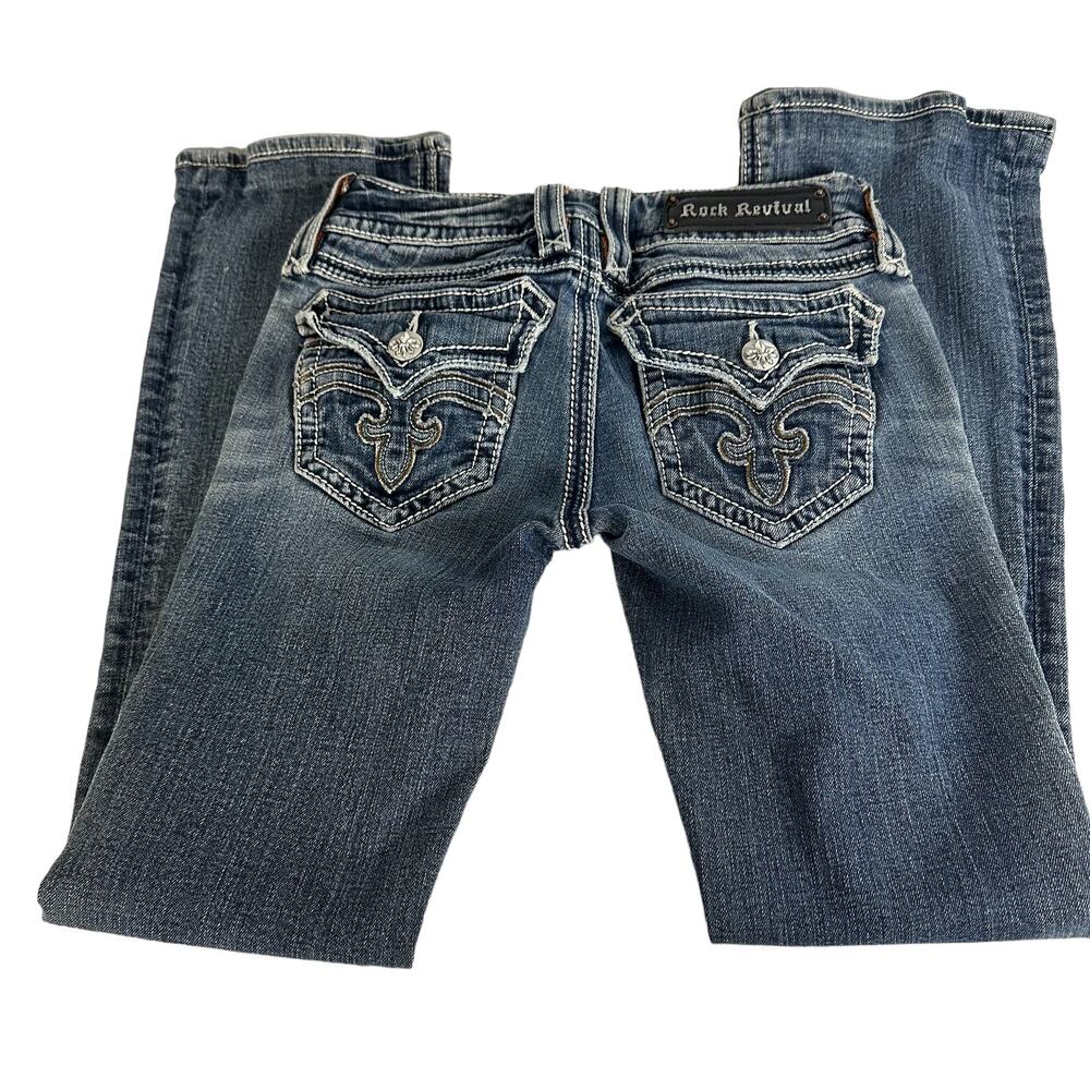 Womens Rock Revival Denim Blue Jeans SZ 25 Debbie Boot Cut Low Rise Whiskering